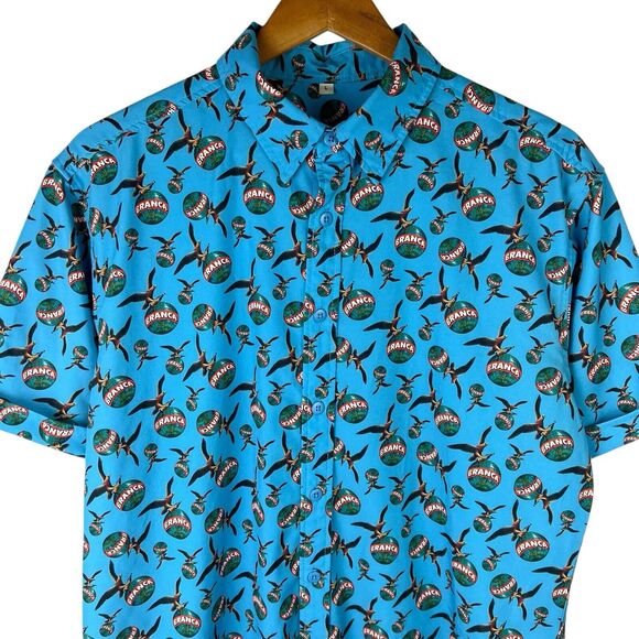 RARE Fernet Branca Sz L Button Shirt Blue Stretch Short Sleeve Graphic Logo AOP - Picture 1 of 7